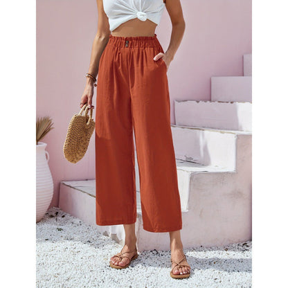 Women's High-Waisted Straight-Leg Trousers with Elastic Paperbag Waist