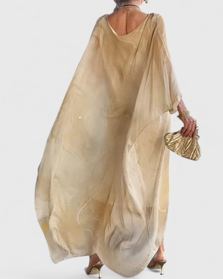 Women's Maxi Dress Batwing Sleeve with Marble Print and Round Neck - 4