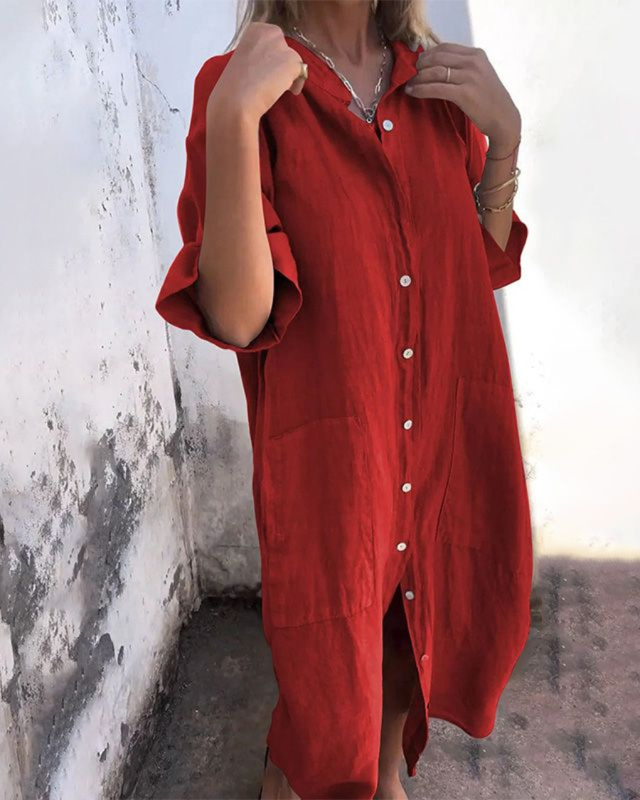 Women Shirt Dress Button-Up with Short Sleeves and Side Pockets - Red