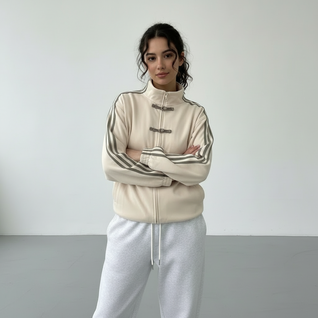 Women's Track Jacket with Button Loops and Contrast Stripes - Milk White
