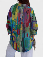 Women's Blouse Long Sleeve with Geometric Print and Collar - 2