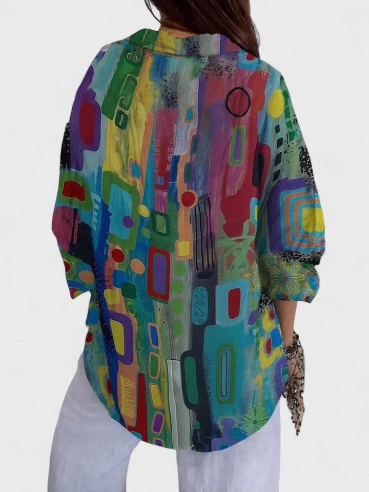 Women's Blouse Long Sleeve with Geometric Print and Collar - 2