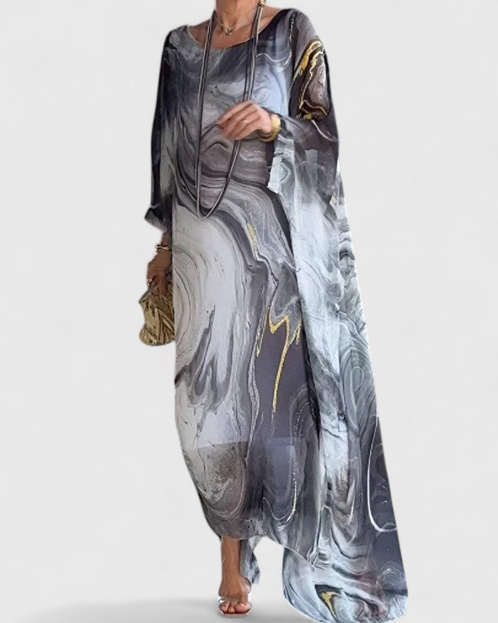 Women's Maxi Dress Batwing Sleeve with Marble Print and Round Neck - 5