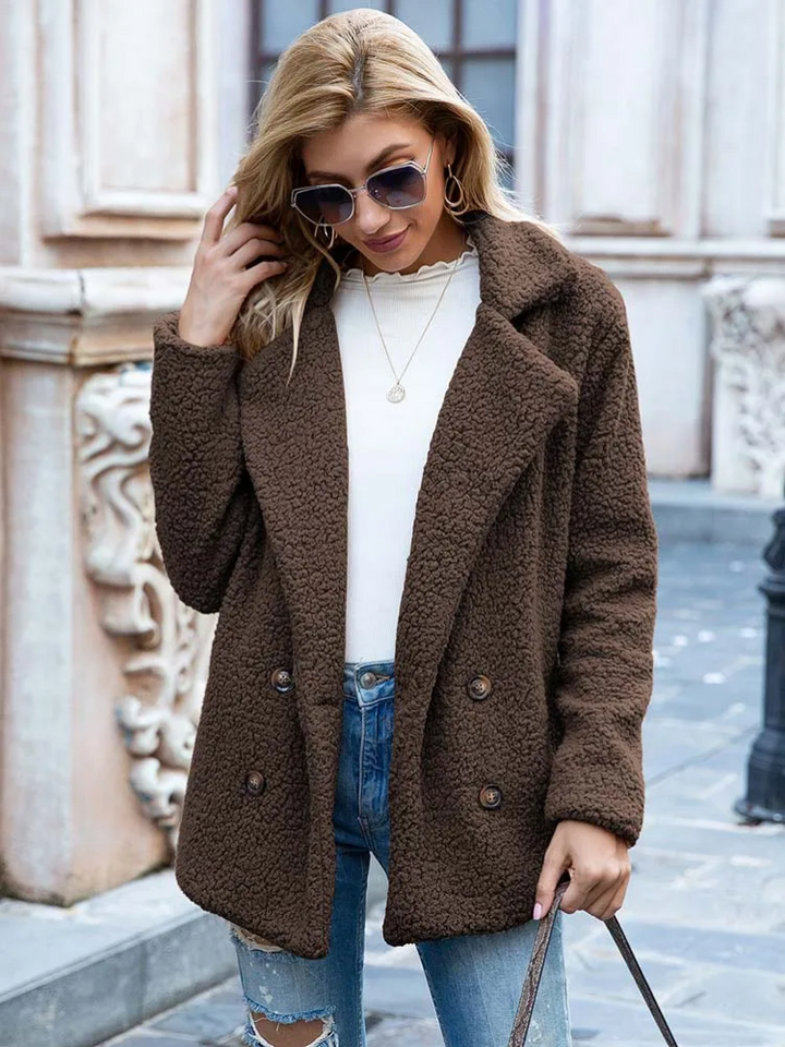 Women's Teddy Coat with Notch Lapel and Button Front - 10