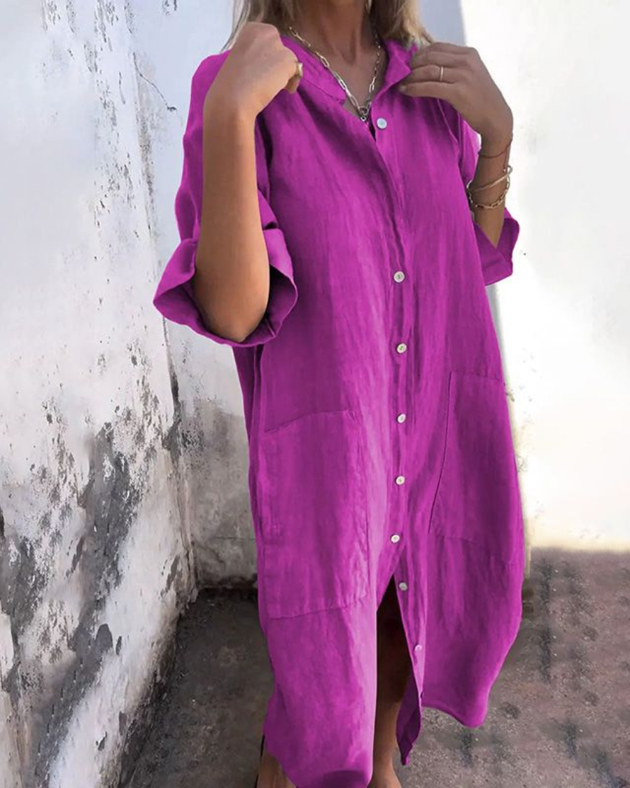 Women Shirt Dress Button-Up with Short Sleeves and Side Pockets - Purple