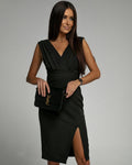Women's Fitted Sleeveless Dress with V-Neck and Side Slit - Black