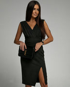 Women's Fitted Sleeveless Dress with V-Neck and Side Slit - Black