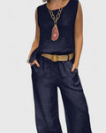Women's Sleeveless Top and Wide-Leg Trousers Set with Belt - Black
