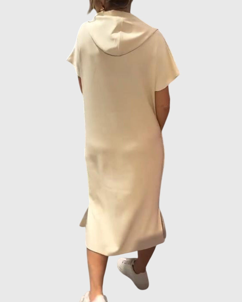 Women's Hooded Dress Short Sleeve with Kangaroo Pocket - 15
