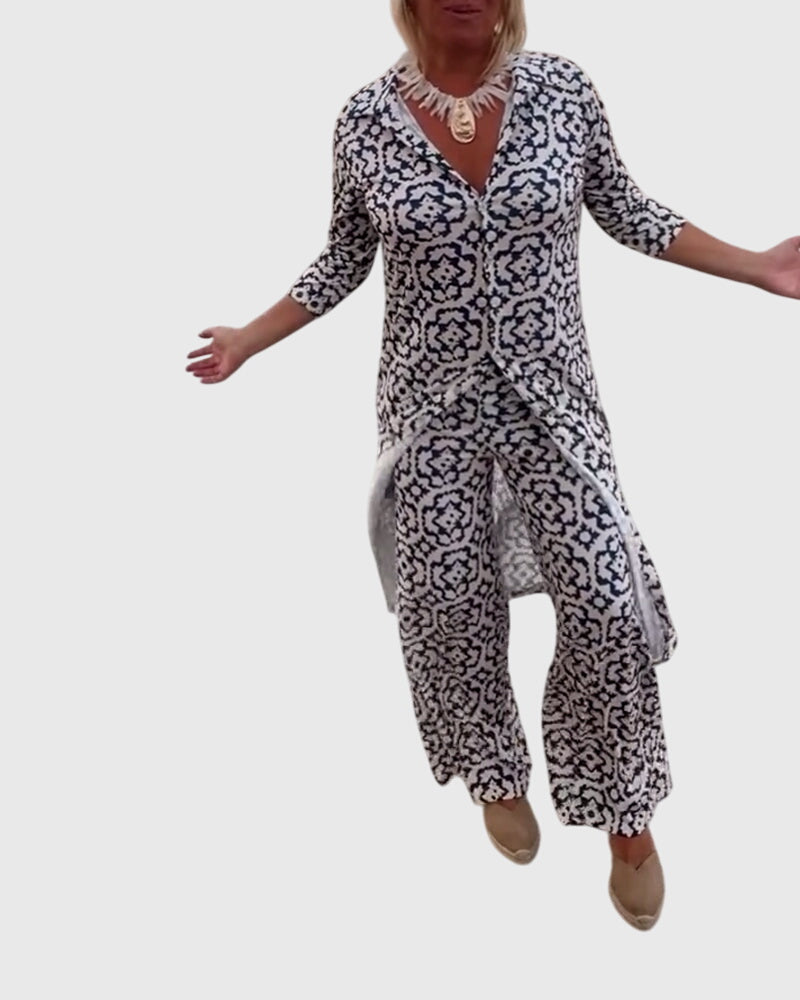 Women's Two-Piece Set Printed Longline Shirt with Wide-Leg Trousers - 2