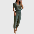 Women's Blouse and Trousers Set with V-Neck and Tapered Leg - Olive