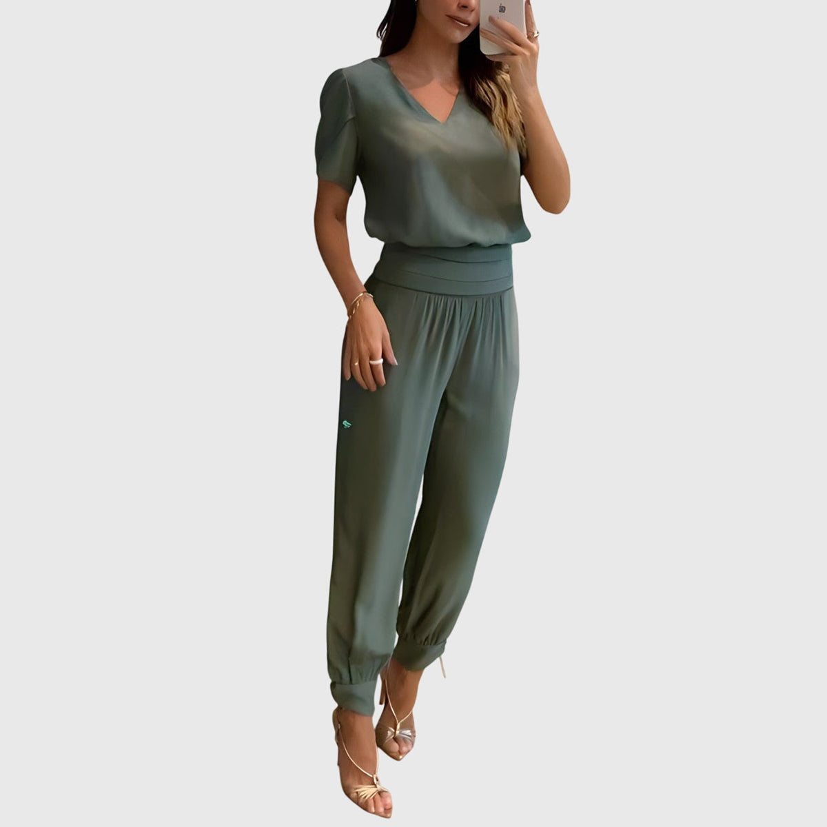 Women's Blouse and Trousers Set with V-Neck and Tapered Leg - Olive
