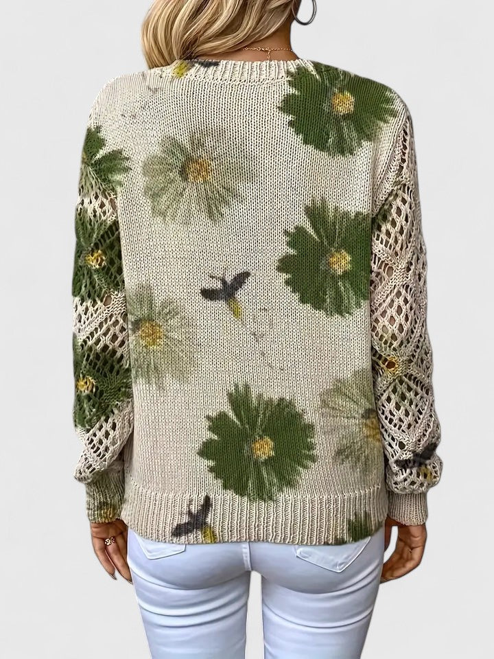 Women's Cardigan Floral Print with Lattice Sleeves and V-Neck - 11