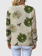 Women's Cardigan Floral Print with Lattice Sleeves and V-Neck - 11