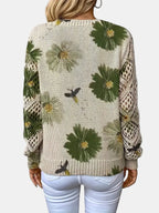 Women's Jumper V-Neck Floral Print with Crochet Sleeves - 11