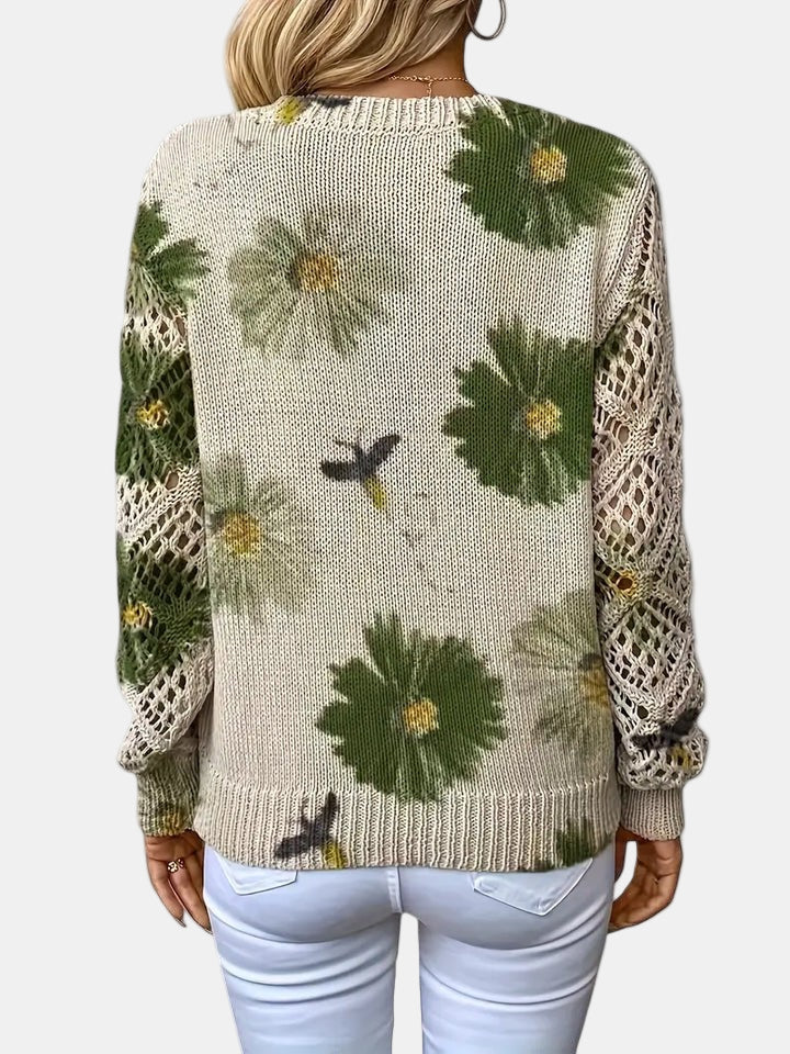 Women's Jumper V-Neck Floral Print with Crochet Sleeves - 11
