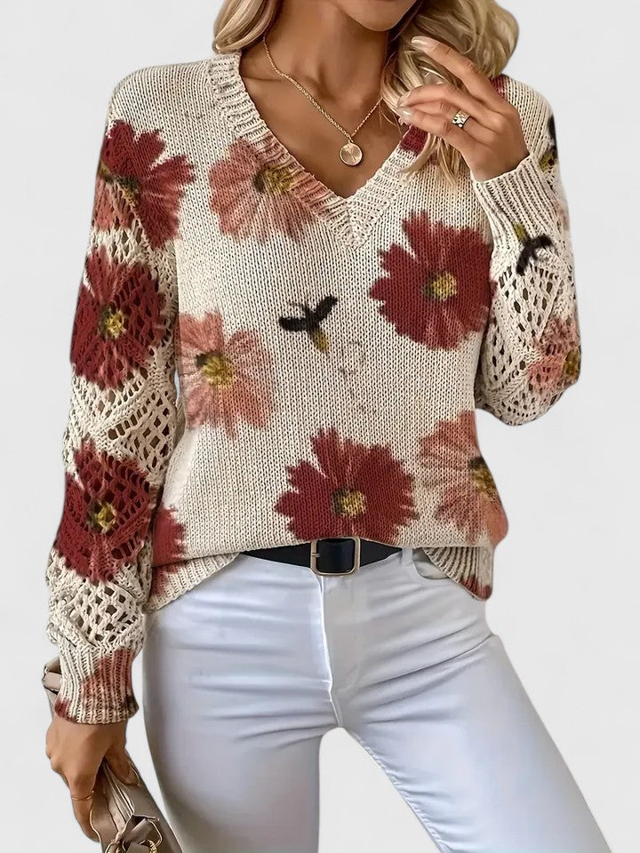 Women's Cardigan Floral Print with Lattice Sleeves and V-Neck - 14