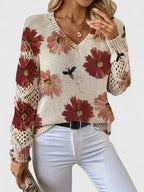 Women's Cardigan Floral Print with Lattice Sleeves and V-Neck - 14