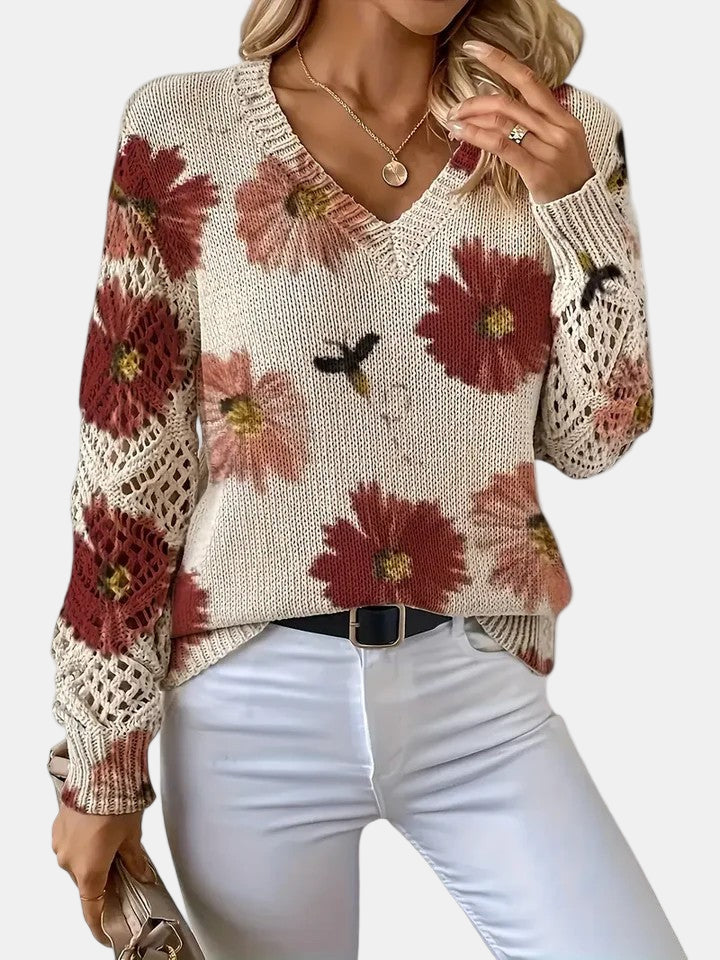 Women's Jumper V-Neck Floral Print with Crochet Sleeves - 14