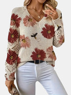 Women's Jumper V-Neck Floral Print with Crochet Sleeves - 14