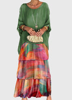 Women's Tiered Maxi Dress with Round Neck and Long Sleeves - Orange