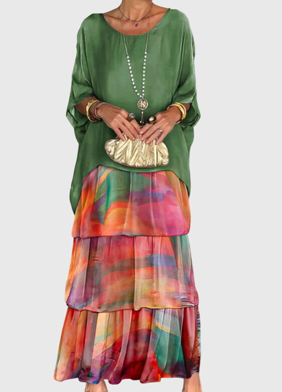 Women's Tiered Maxi Dress with Round Neck and Long Sleeves - Orange