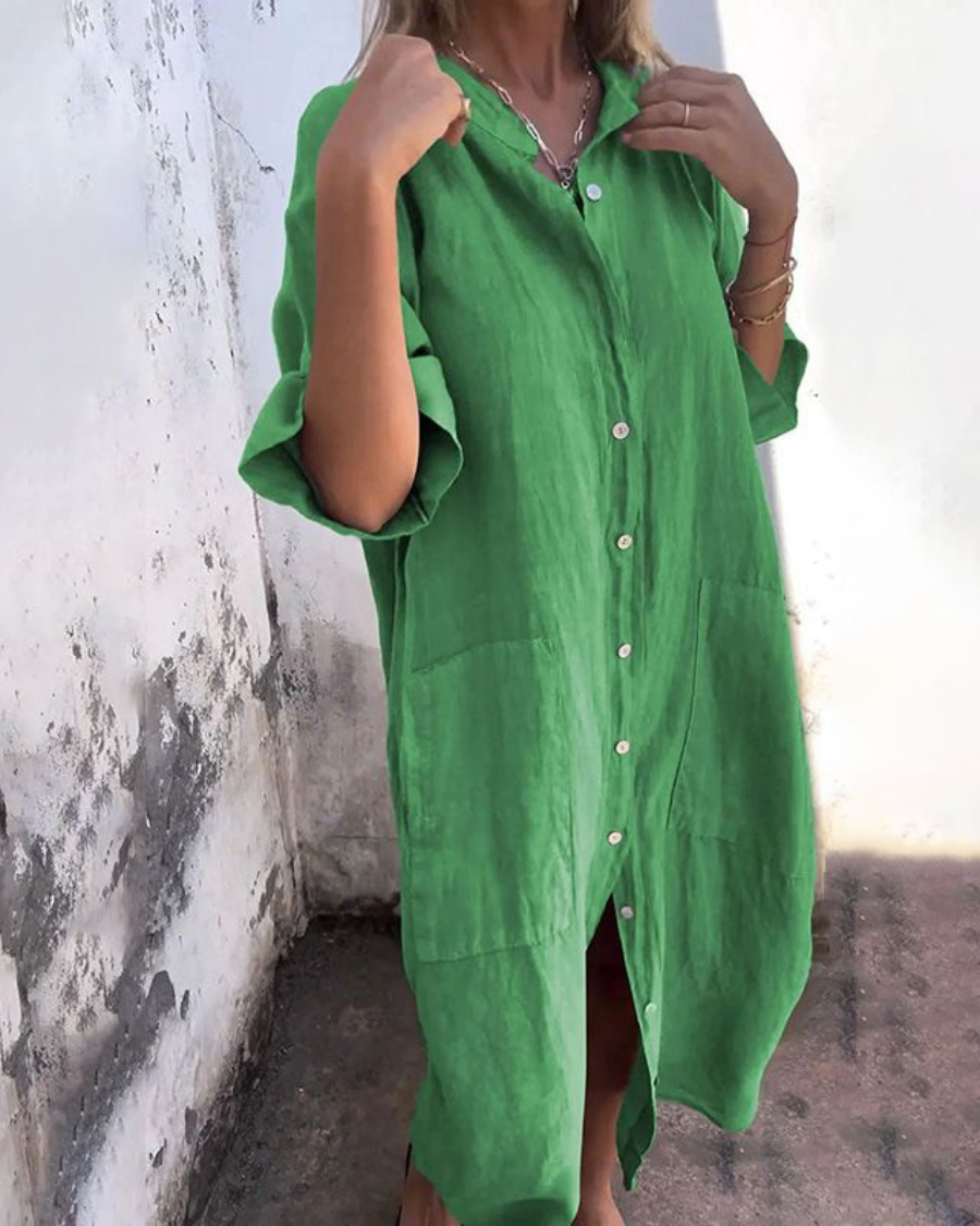 Women Shirt Dress Button-Up with Short Sleeves and Side Pockets - Green
