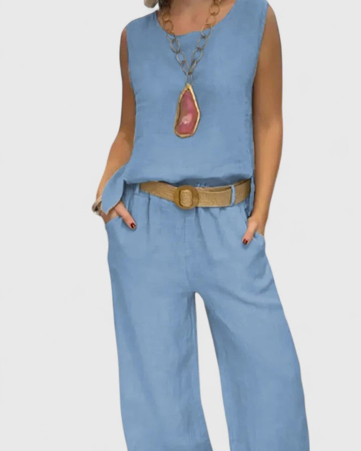 Women's Sleeveless Top and Wide-Leg Trousers Set with Belt - Blue