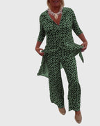 Women's Two-Piece Set Printed Longline Shirt with Wide-Leg Trousers - 8