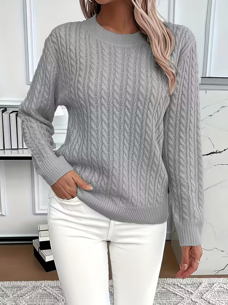 Women's Jumper Cable-Knit Long Sleeve Round Neck - Grey