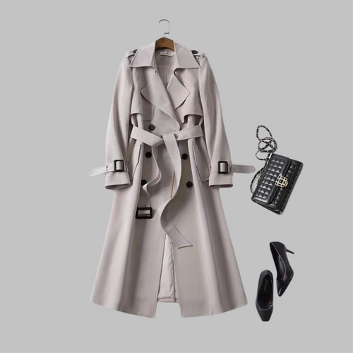 Women's Knee-Length Loose Fit Coat with Belt and Wide Lapel - Khaki