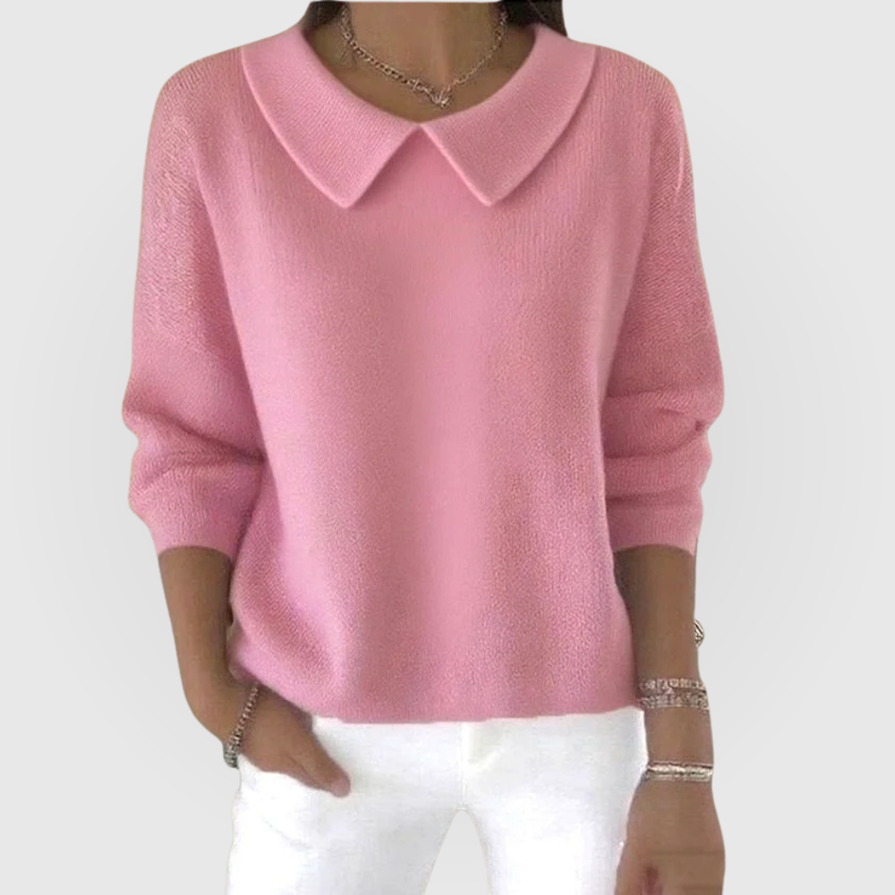 Women's Jumper Long Sleeve with Collar Detail and Relaxed Fit - Pink