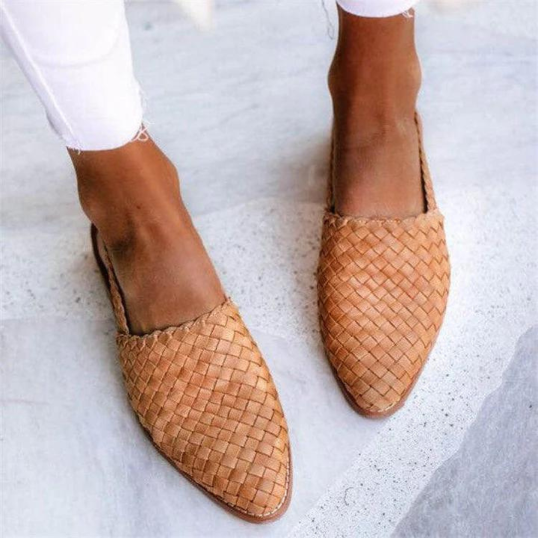 Women's Ballet Flats with Woven Faux Leather Upper and Open Side - Light Brown