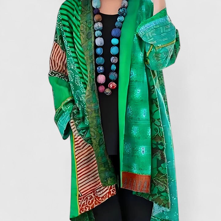 Women's Longline Cardigan Open Front with Draped Collar - Green
