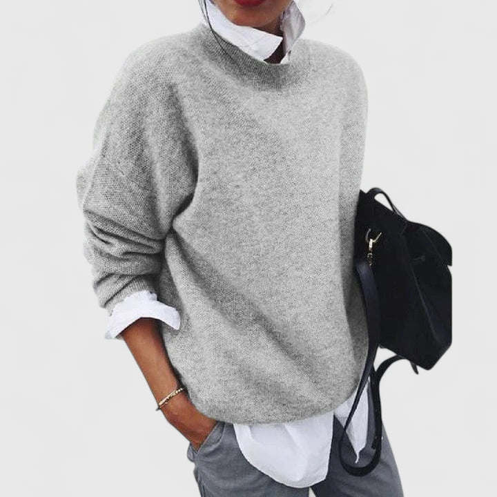 Women's Jumper Long Sleeve with Relaxed Fit and Mock Neck - Grey