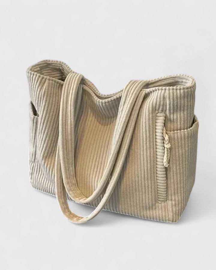 Women's Tote Bag with Ribbed Texture and Side Pockets - White