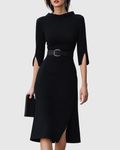 Women's Midi Dress with Belted Waist and Asymmetric Hem
