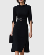 Women's Midi Dress with Belted Waist and Asymmetric Hem