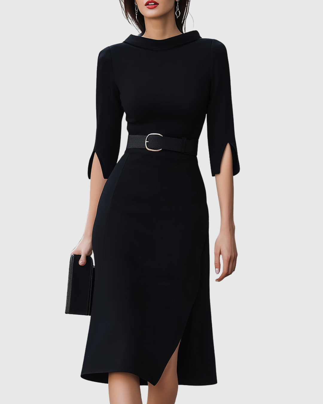 Women's Midi Dress with Belted Waist and Asymmetric Hem