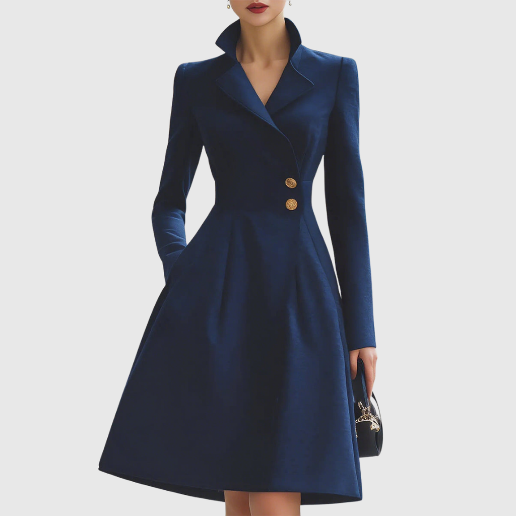 Women's Coat Dress Long Sleeve Tailored Fit with A-Line Skirt - Navy Blue