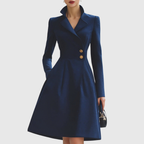 Women's Coat Dress Long Sleeve Tailored Fit with A-Line Skirt - Navy Blue