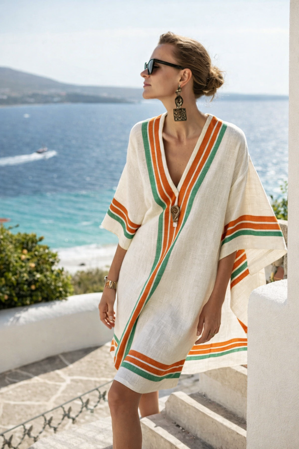 Women's Striped Kaftan Dress with V-Neck and Wide Sleeves - Green/White