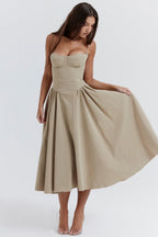 Women's Strapless Corset Dress with Fitted Bodice - Brown