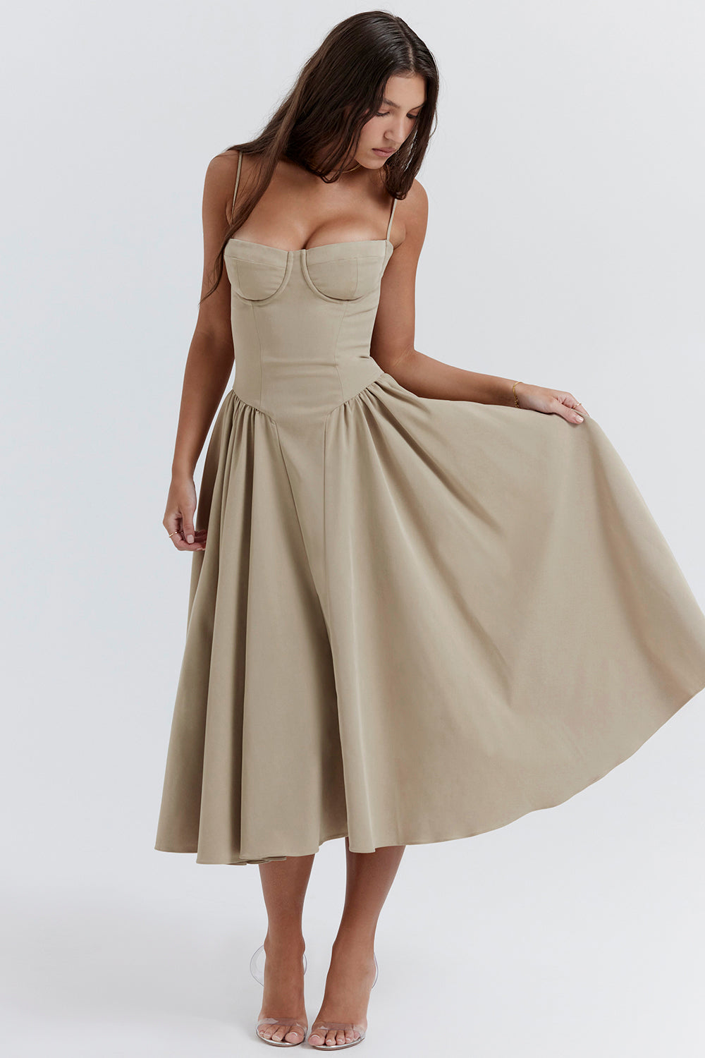 Women's Strapless Corset Dress with Fitted Bodice - Brown