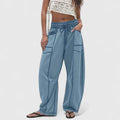 Women's Trousers with Elasticated Drawstring Waist and Baggy Leg - Blue