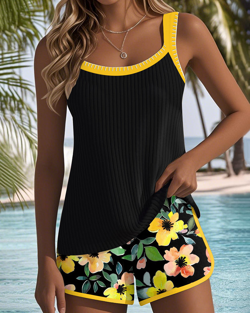 Tummy-Control Tankini Swimsuit Set with Floral Shorts - Yellow