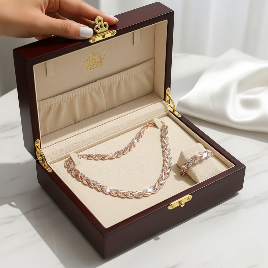 Women's Diamante Necklace and Bracelet Set with Leaf Link Design - 4