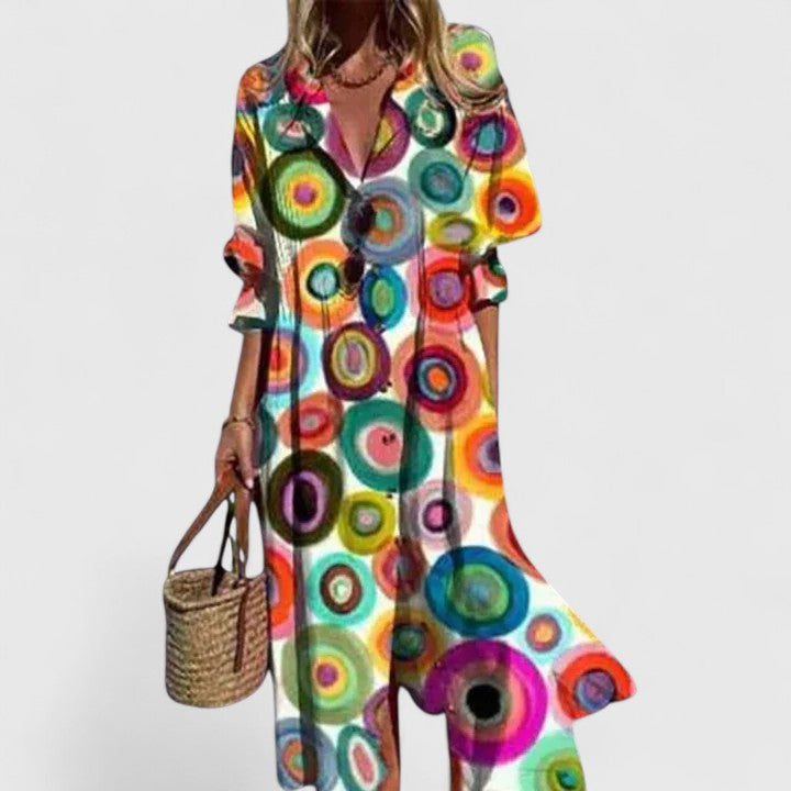 Women's Maxi Shirt Dress with Button Front and Leaf Print - Multi-Coloured 2