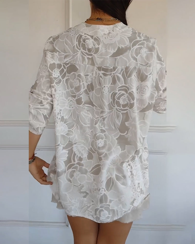 Women's Floral Print Blouse with Roll-Up Sleeves and V-Neck - 2