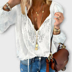 Women's Lace Blouse with Tie-Neck and Long Sleeves - White
